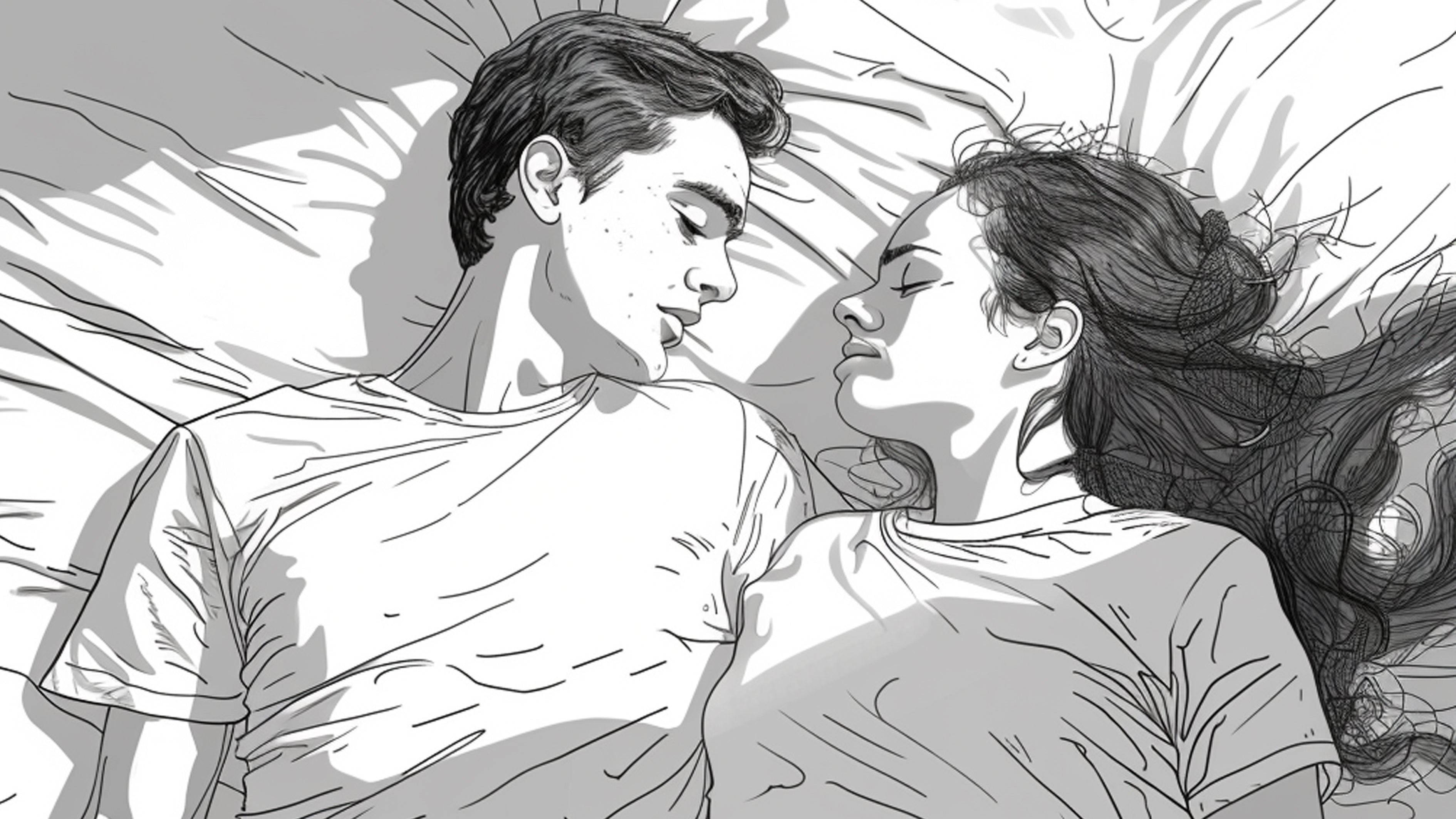 A black-and-white illustration of a couple lying together on a bed, their faces close, eyes closed, and peaceful expressions.