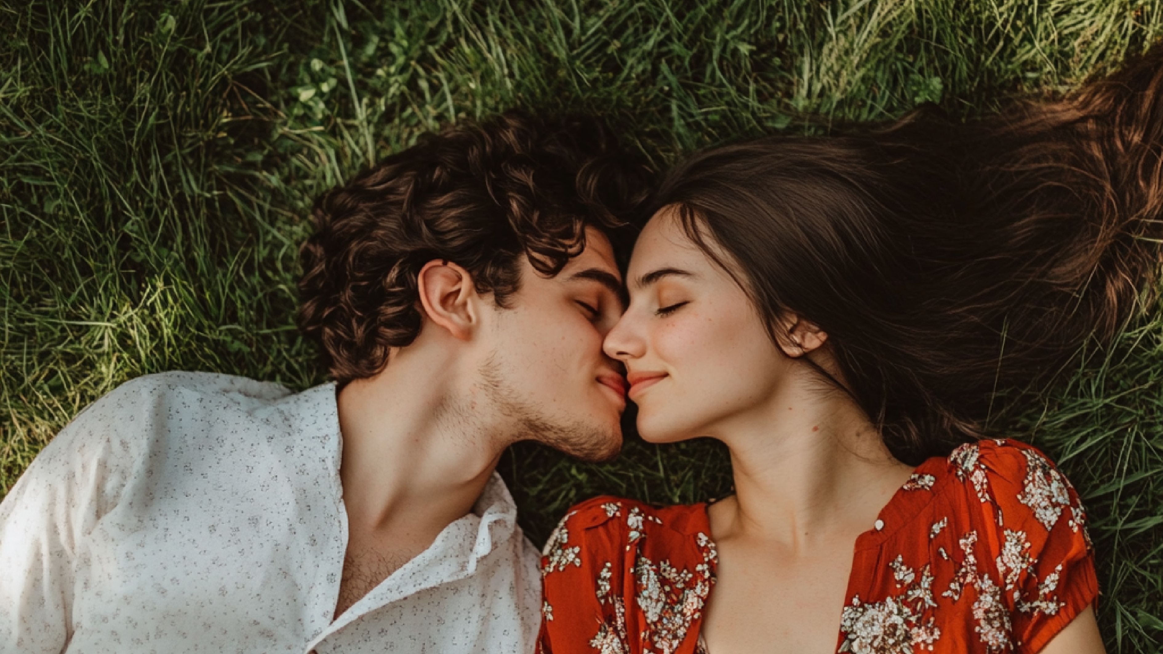 A couple lying on grass, gently touching foreheads and smiling at each other, with the woman wearing a floral dress and the man in a patterned shirt.