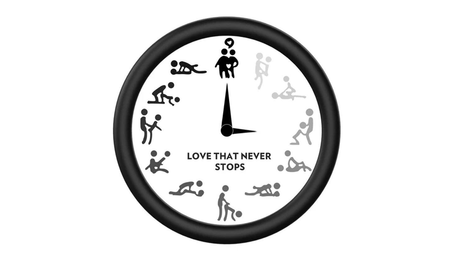 A clock with the words "LOVE THAT NEVER STOPS" and stick figures around it.