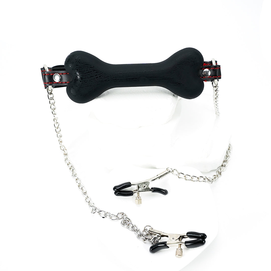 Luxe Muzzle Silicone Dog Bone Gag with Nipple Clamps